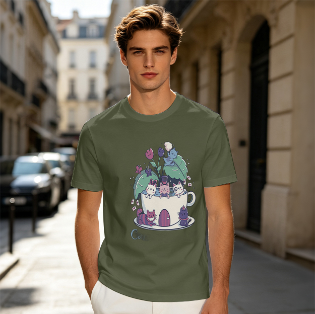 Olive T-Shirt With Whimsical Teacup Kitten Garden Print