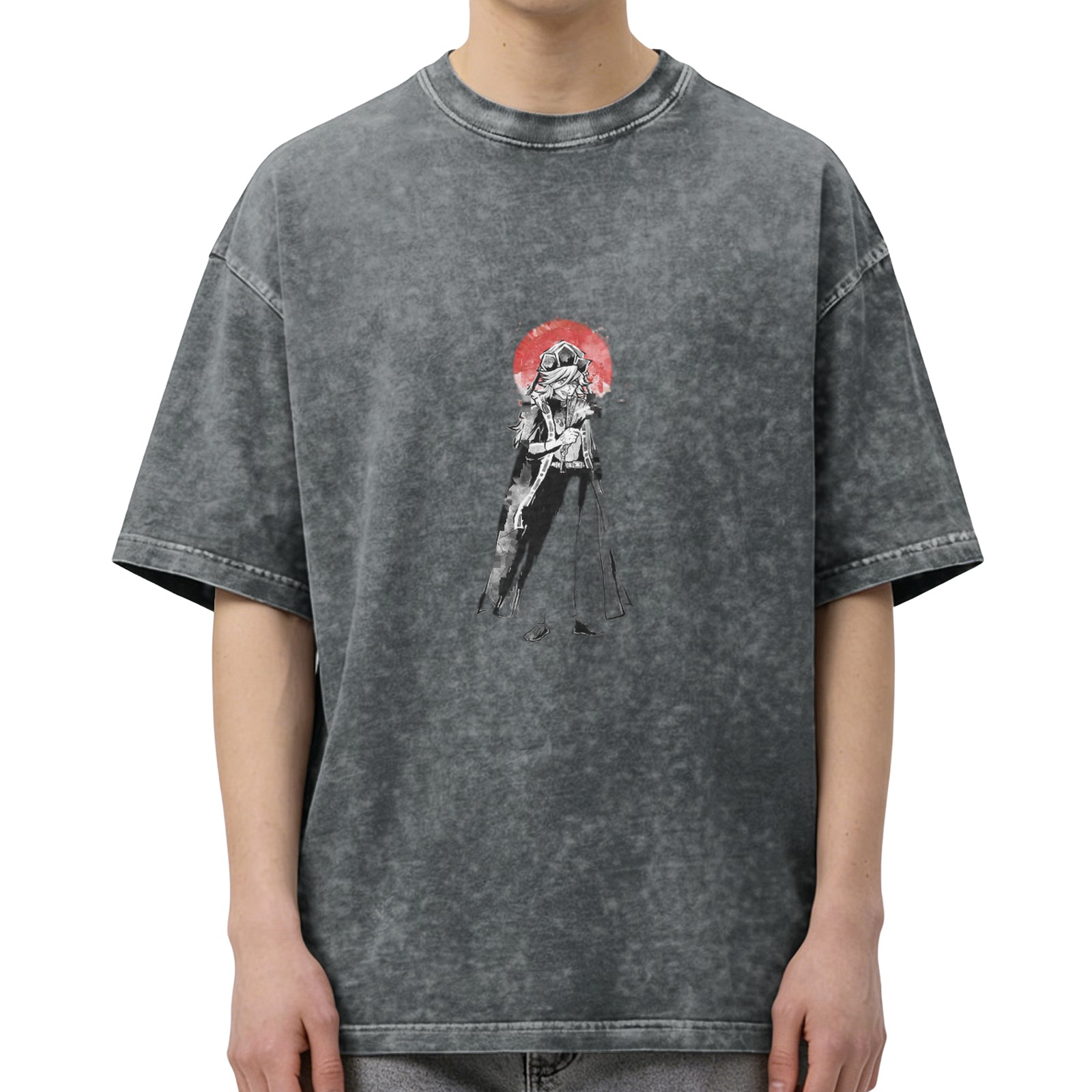 Washed Black T-Shirt With Samurai Warrior And Red Sun Print