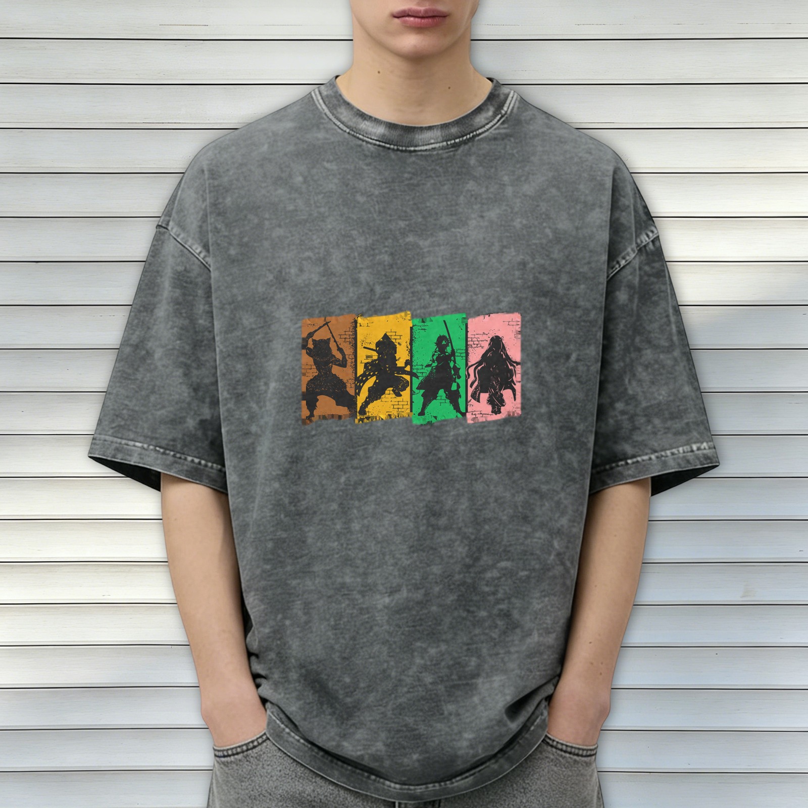 Washed Black Anime Character Silhouette Graphic T-Shirt