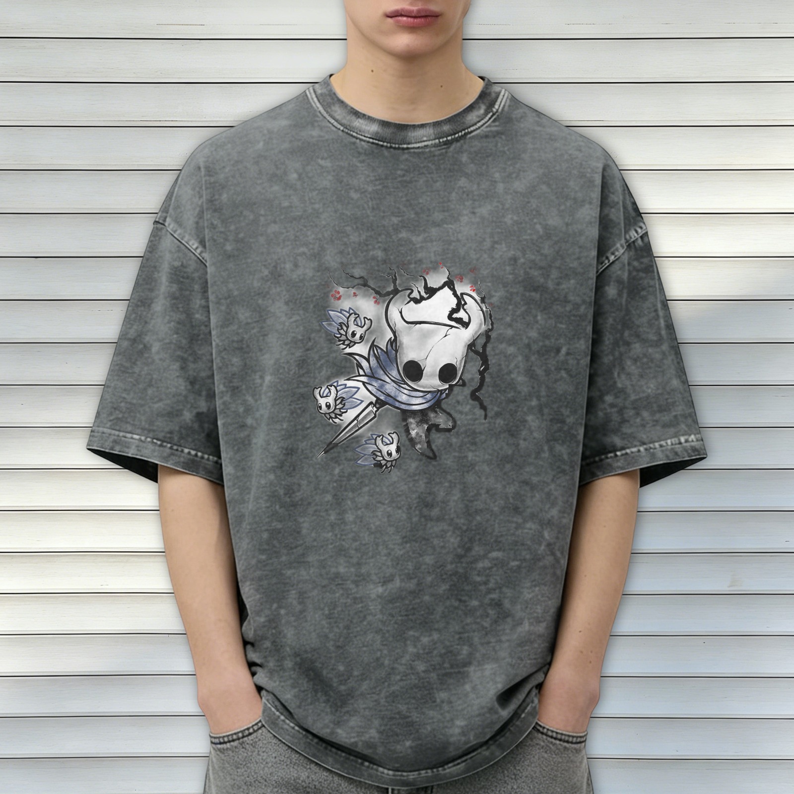 Hollow Knight Themed Dark Wash Graphic T-Shirt