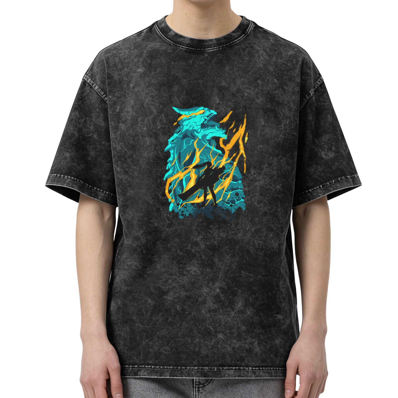 Oversized Acid Wash T-Shirt With Dragon Lightning Graphic Print