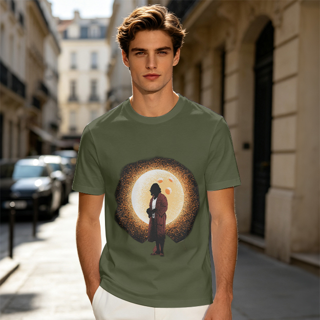 Olive T-Shirt With Standing Figure Silhouette Against Full Moon Print