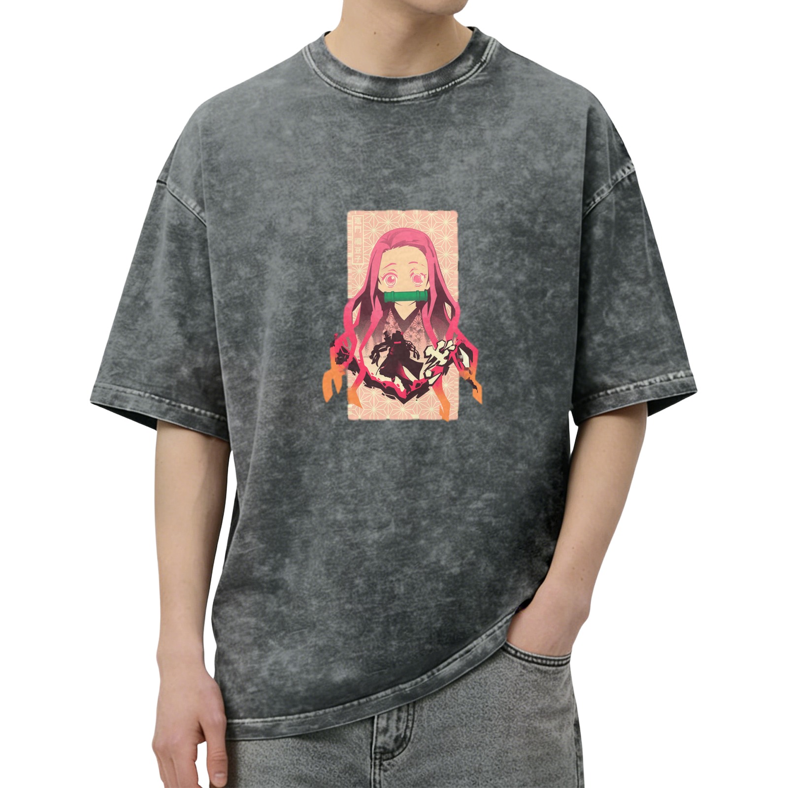 Demon Slayer: Kimetsu no Yaiba Nezuko themed distressed washed black short-sleeved T-shirt anime peripheral loose casual top