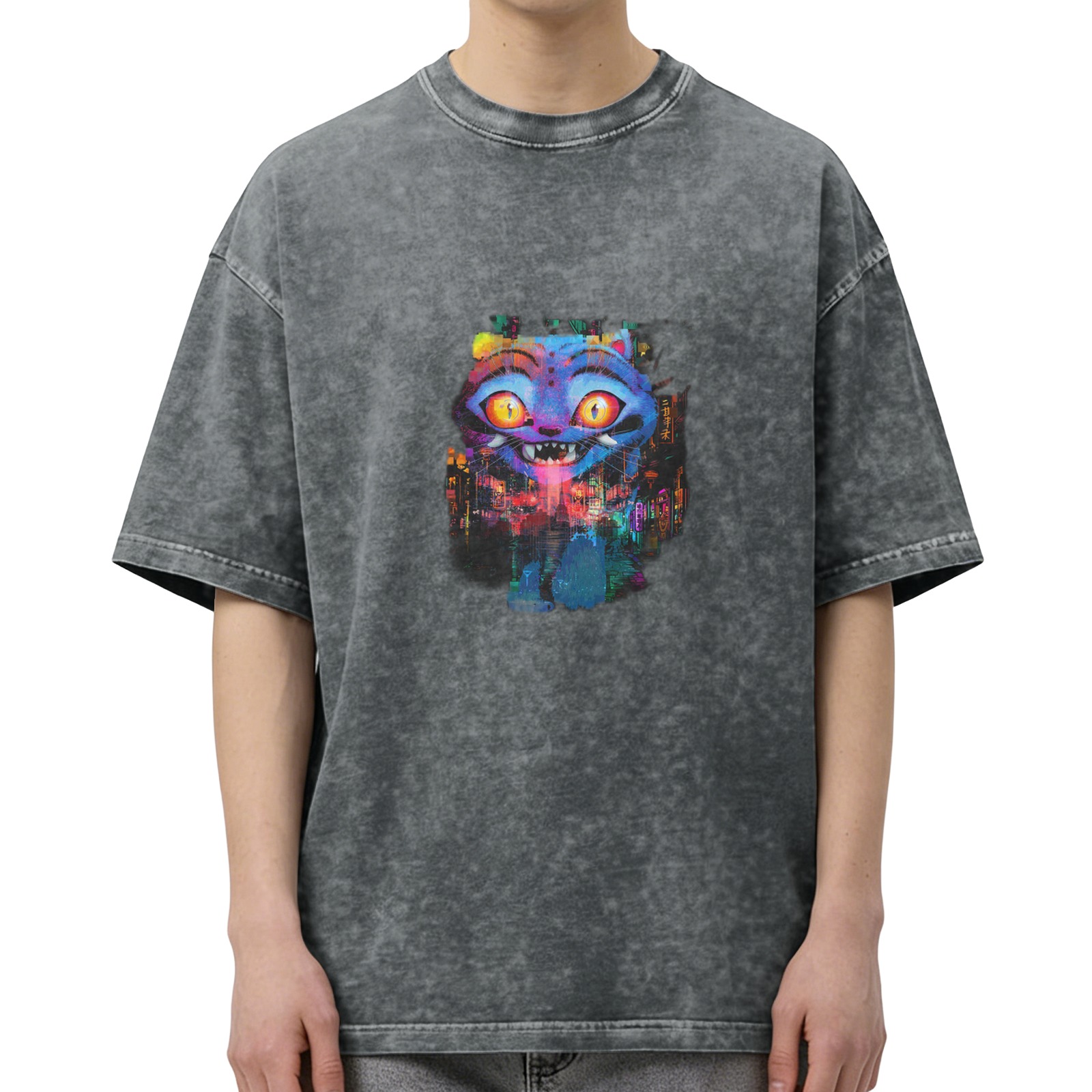 Oversized Acid Wash T-Shirt With Colorful Cheshire Cat Graphic