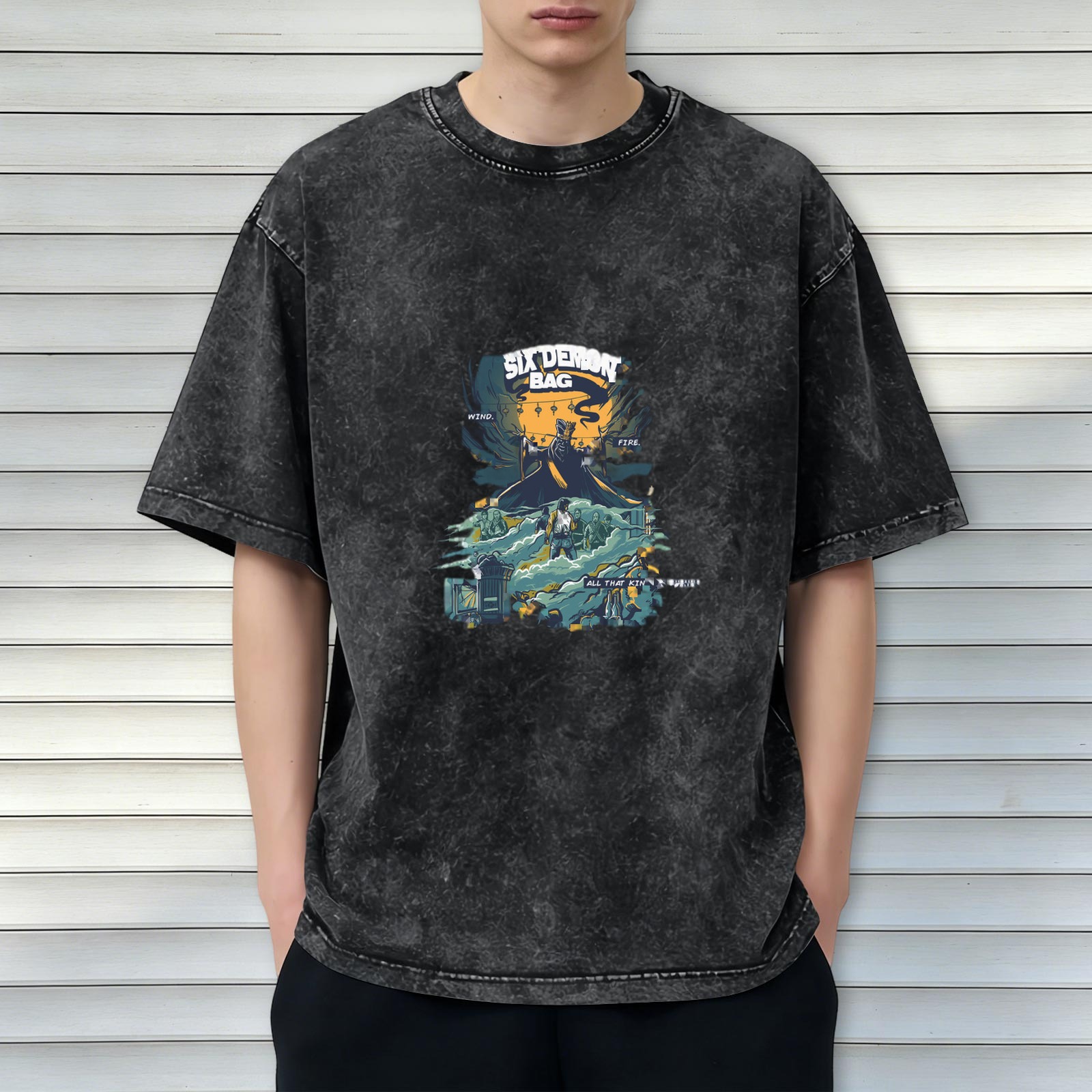 Distressed washed black loose short-sleeved T-shirt with 'SIX DEMON BAG' themed illustration printed on the front
