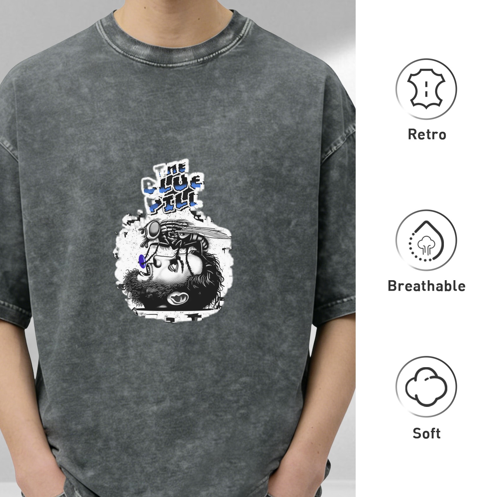 Oversized Acid Wash T-Shirt With The Blue Pill Fly Graphic Print
