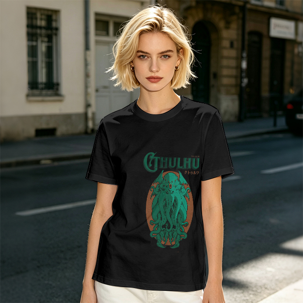 Olive Green Cthulhu Graphic T-Shirt with Mythos Monster Art