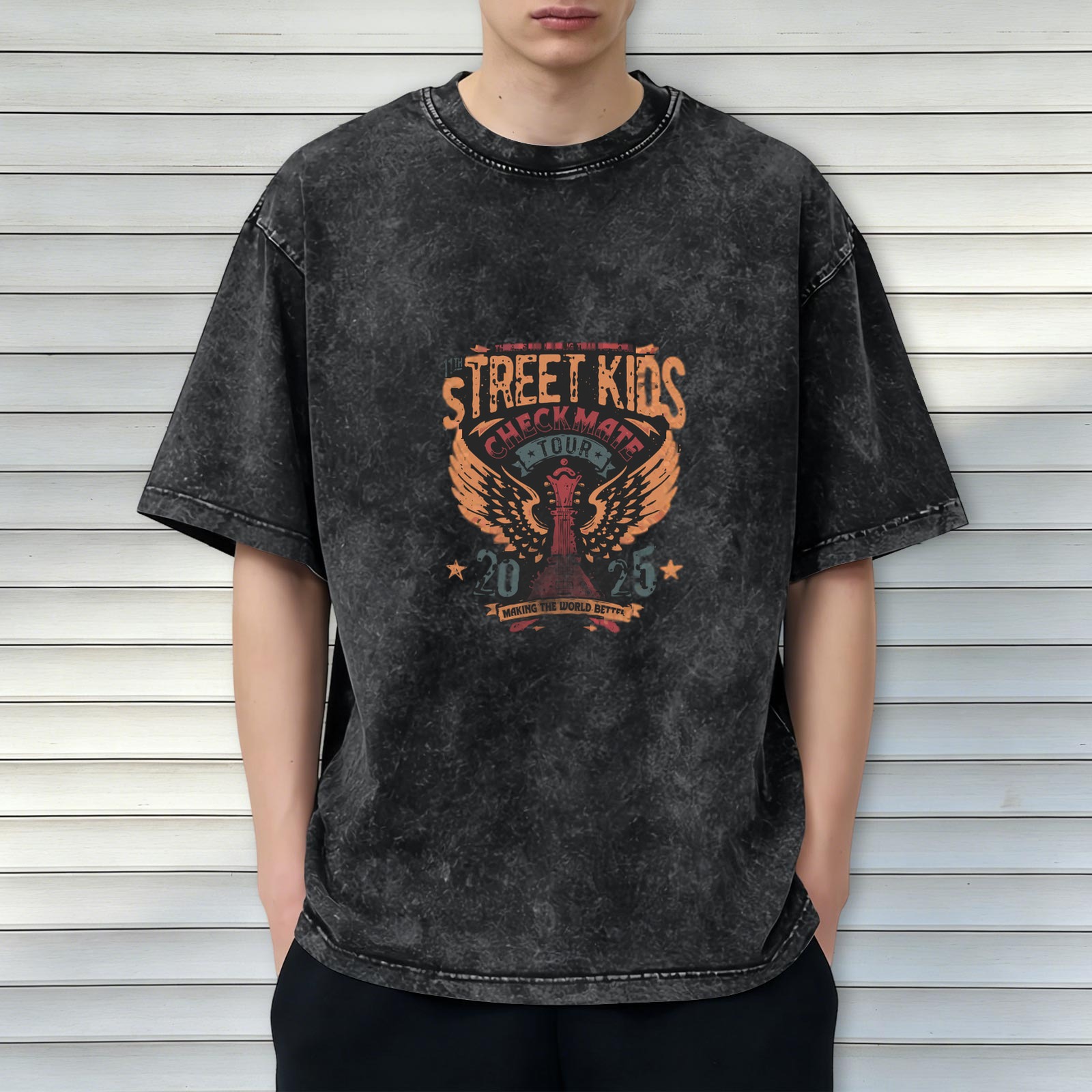 Washed black graphic tee with Street Kids Checkmate Tour 2025 print