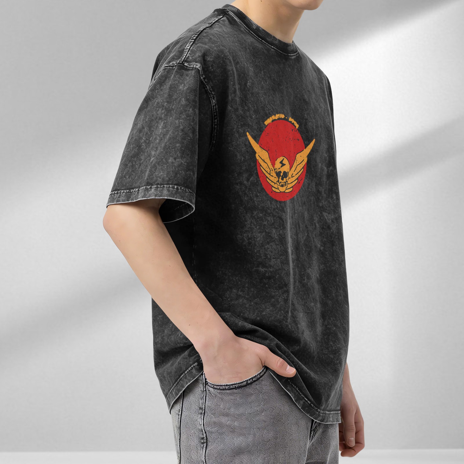 Washed Black Graphic T-Shirt with Winged Skull Red Circle Design