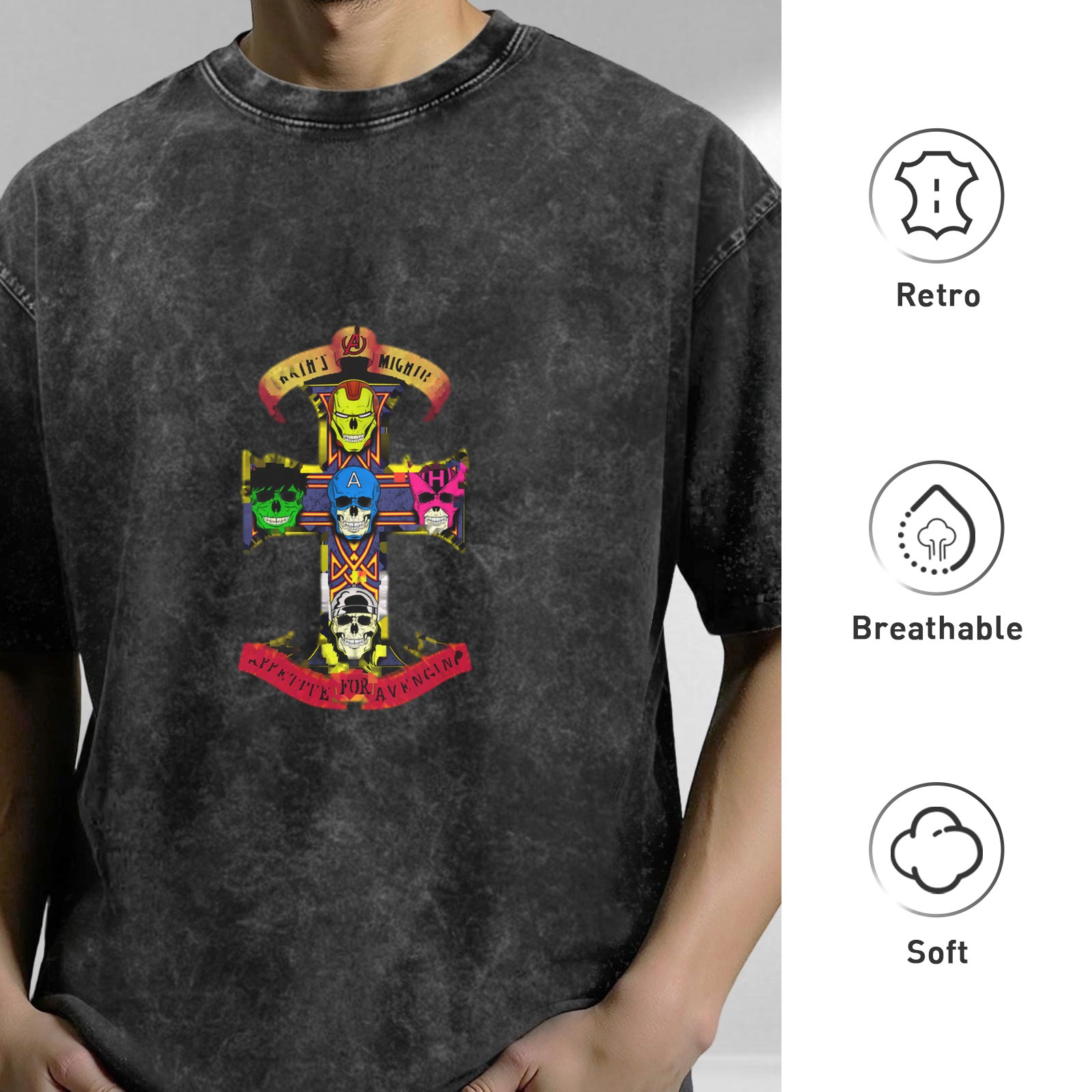 Washed black t-shirt with superhero skull cross graphic design
