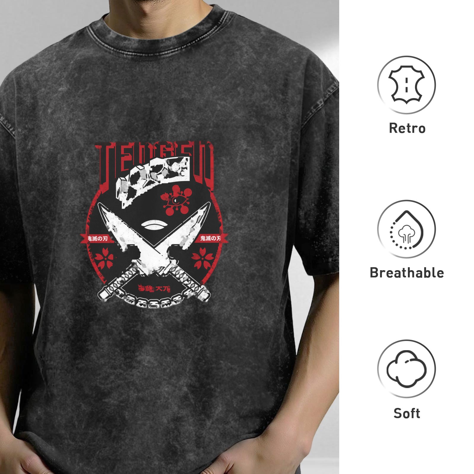 Oversized Acid Wash Anime Graphic T-Shirt
