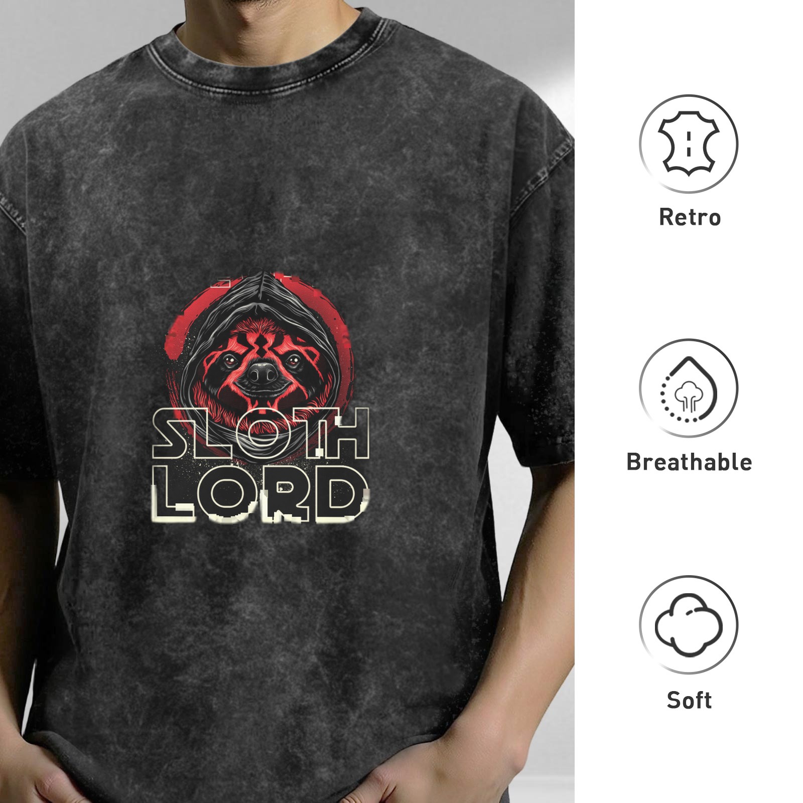 Washed Black Graphic T-Shirt with Sloth Lord Sith Design