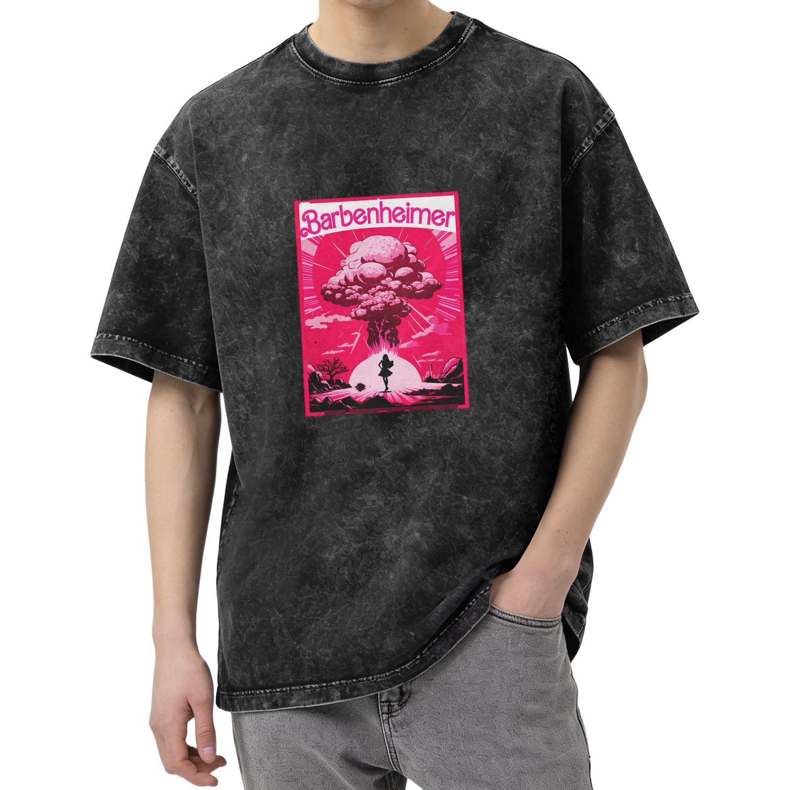Barbenheimer Mushroom Cloud Graphic on Acid Wash Black T-Shirt