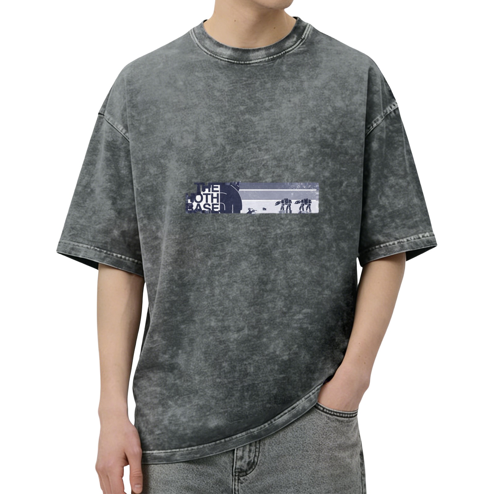 Men's Oversized Acid Wash T-Shirt with 'The Hoth Base' Star Wars Graphic Print, Black Distressed Denim-Look Fabric