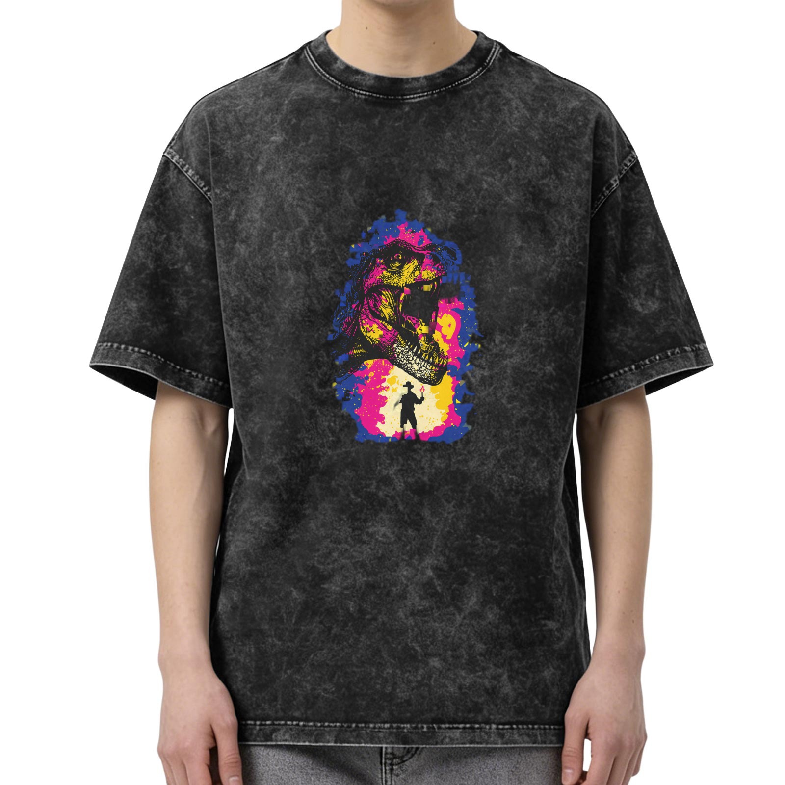 Washed Black Oversized T-Shirt with Dinosaur Cowboy Graphic