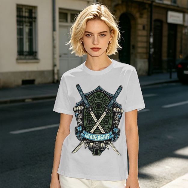 Olive T-Shirt with Ninja Turtle Leadership Katana Crest Print