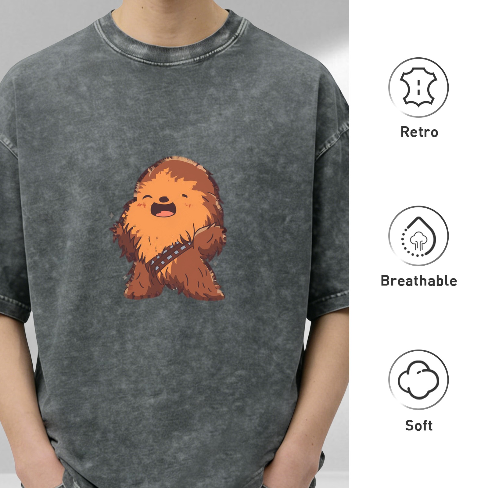 Chibi Chewbacca Print Acid Wash Black Oversized T-Shirt