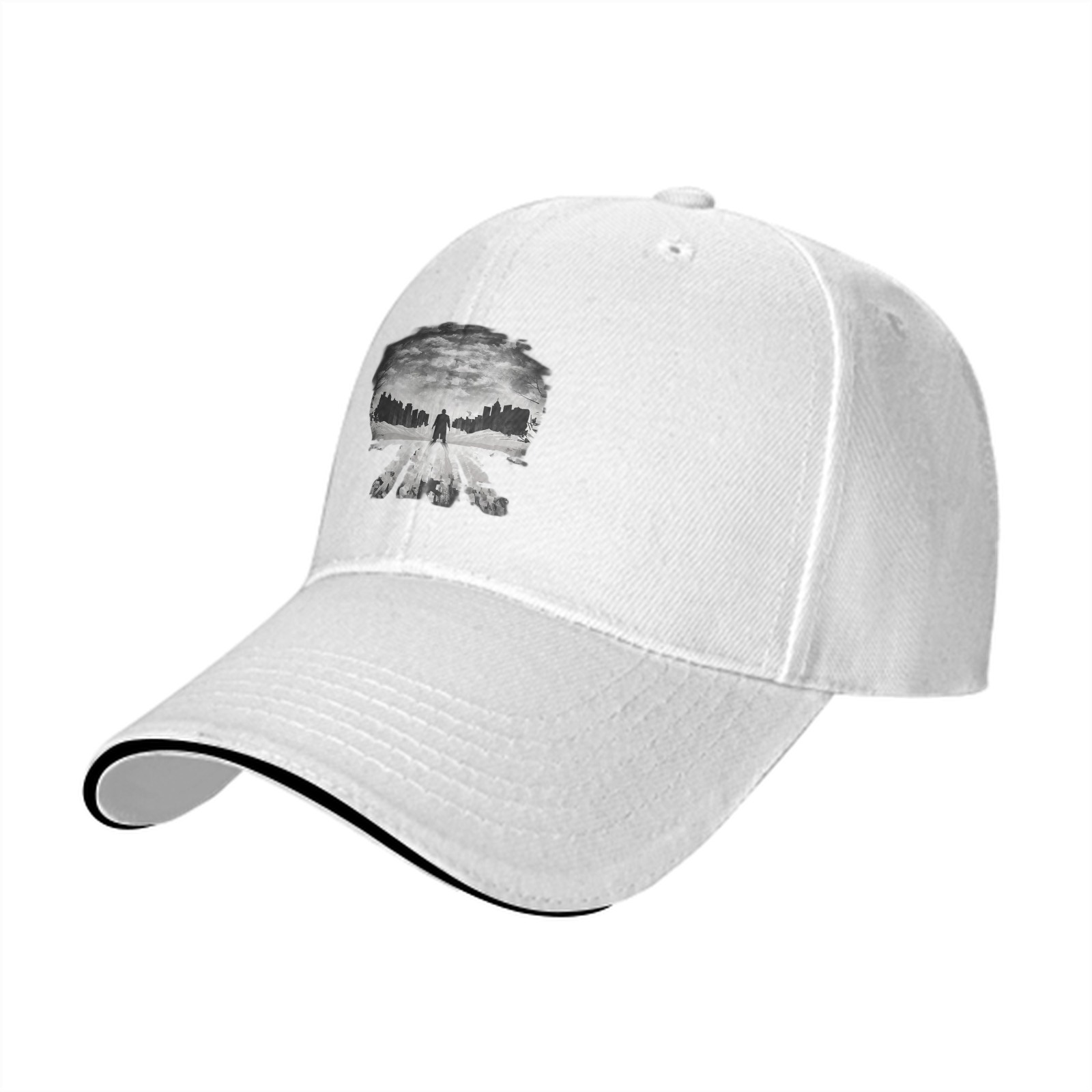Black baseball cap with Punisher skull cityscape graphic
