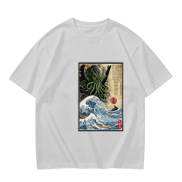 Olive T-shirt with Cthulhu Great Wave Japanese Art Print