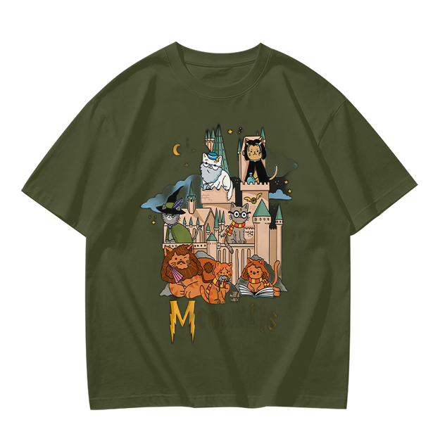 Olive T-Shirt With Whimsical Wizard Cat Castle Graphic