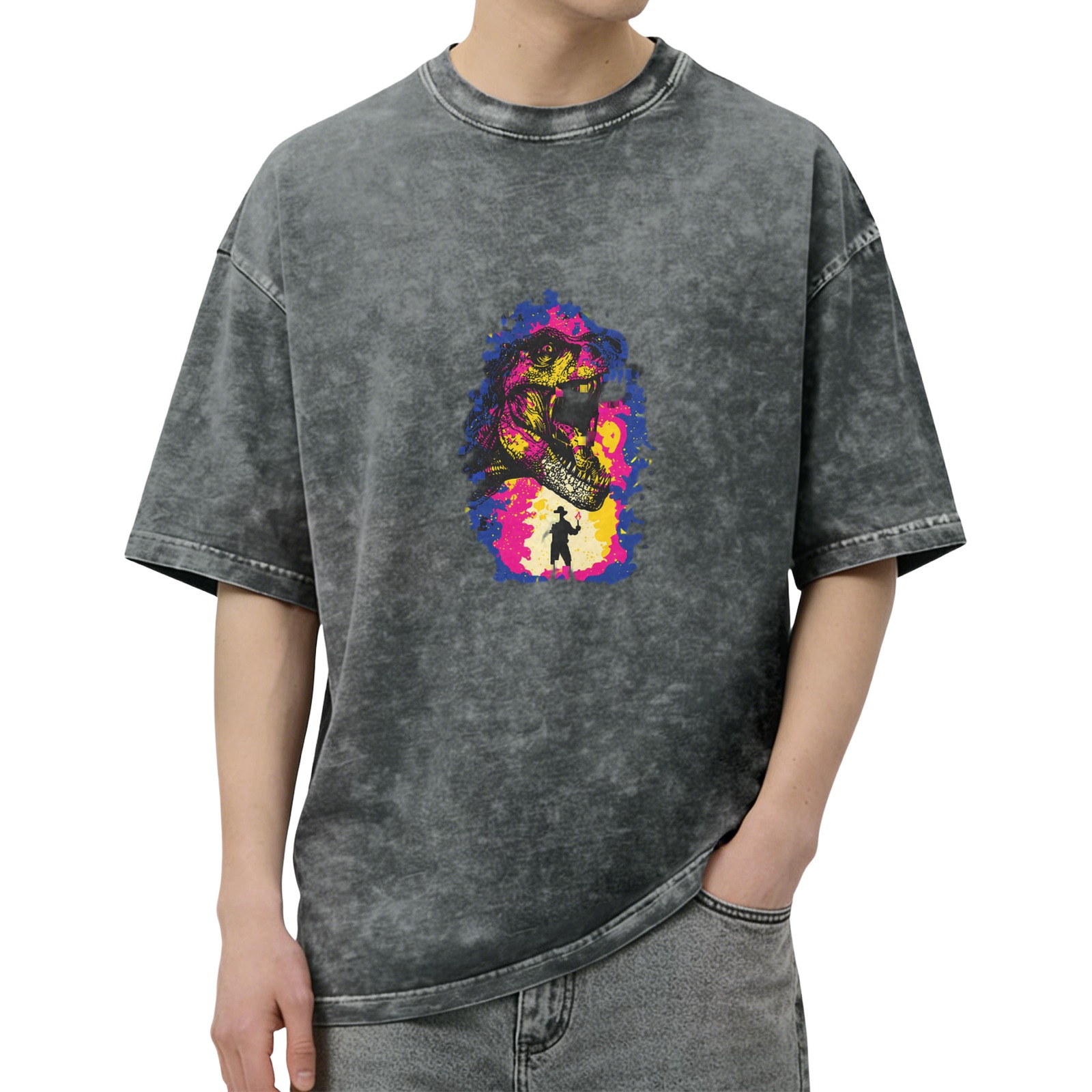 Washed Black Oversized T-Shirt with Dinosaur Cowboy Graphic