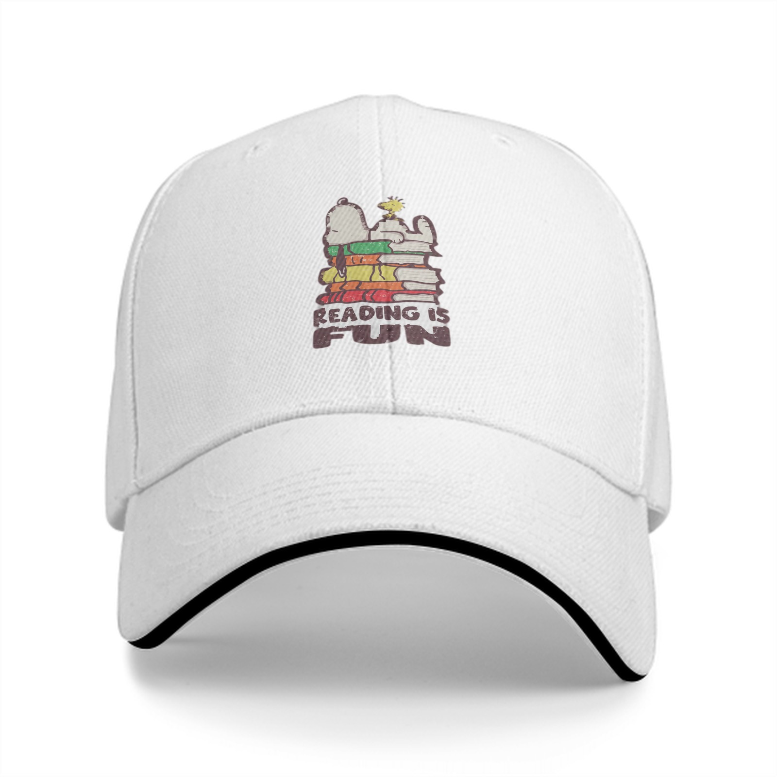 Black baseball cap with 'Reading is Fun' Snoopy graphic