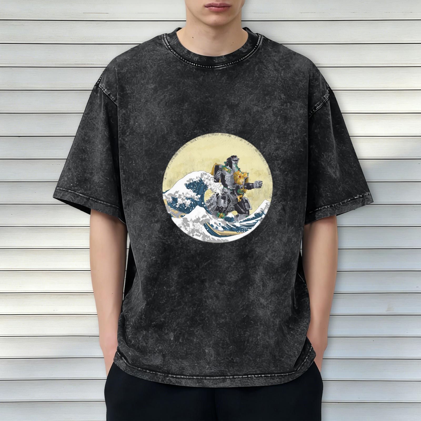 Oversized Acid Wash T-Shirt with Great Wave of Kanagawa x Mecha Robot Graphic Print