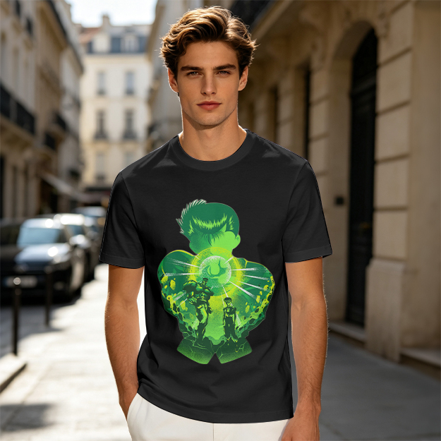 Anime Character Silhouette Glowing Green Graphic T-Shirt