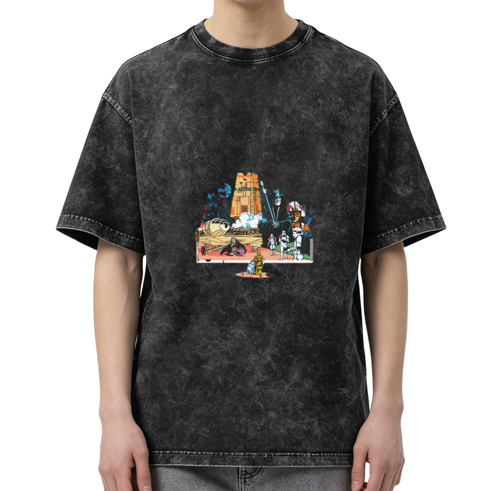 Distressed black Star Wars themed printed short-sleeved T-shirt