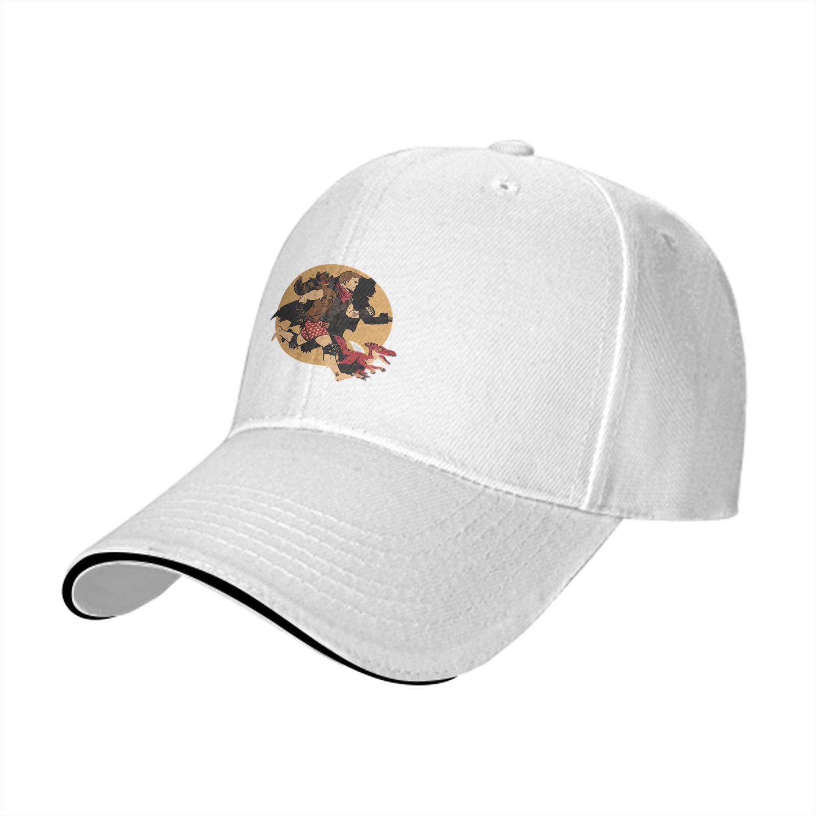 Black baseball cap with running fantasy character graphic print
