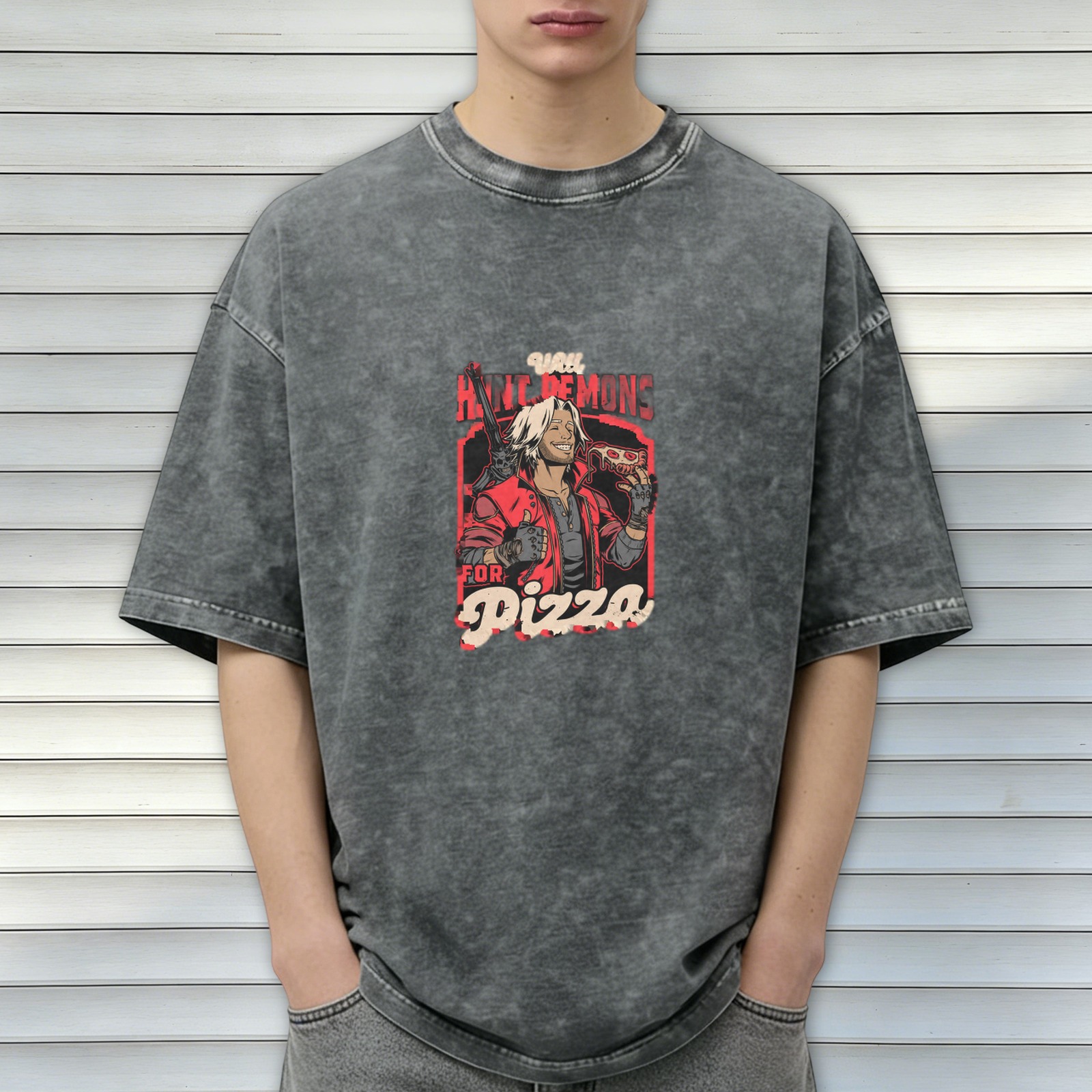 Devil May Cry Dante 'Hunt Demons For Pizza' Graphic Stone Wash T-Shirt
