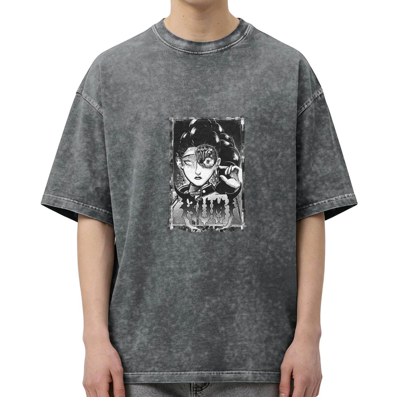 Washed black oversized t-shirt with dark anime-style graphic print
