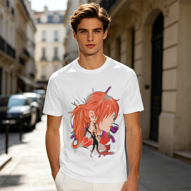 Olive T-Shirt with Anime Red-Haired Girl Profile Art Print