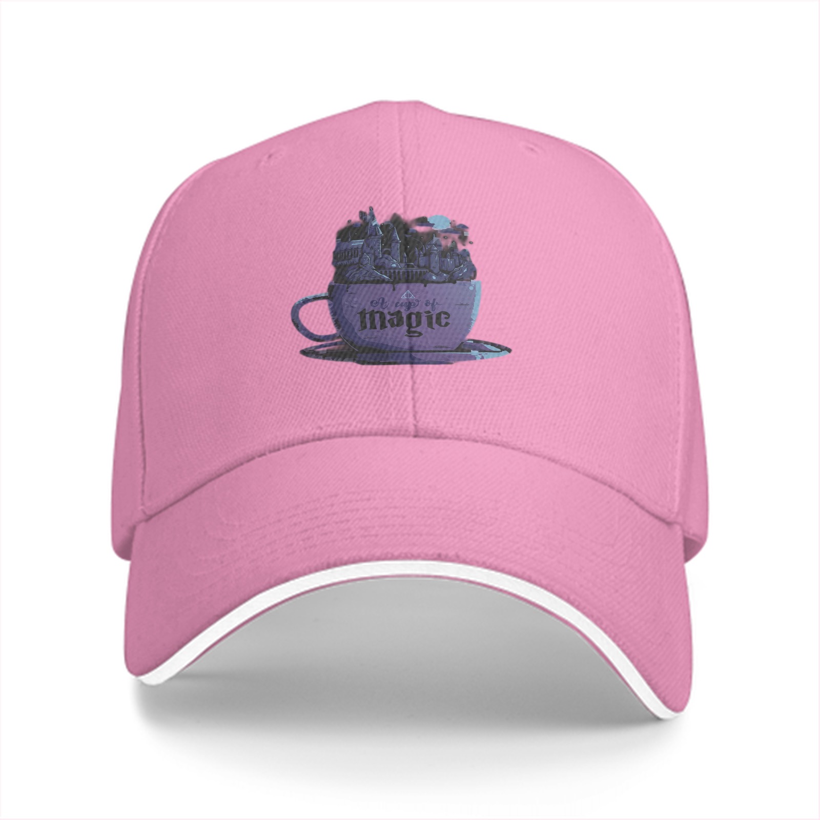Black baseball cap with purple teacup magic graphic print