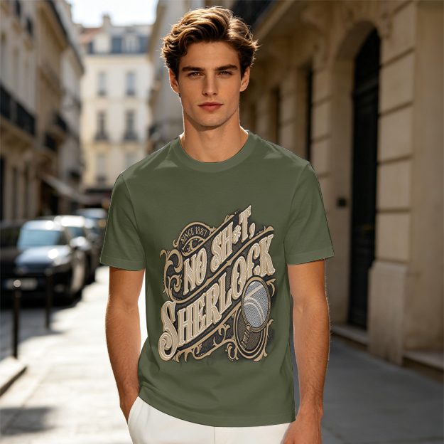 Olive green t-shirt with 'No Sh*t, Sherlock' vintage graphic print