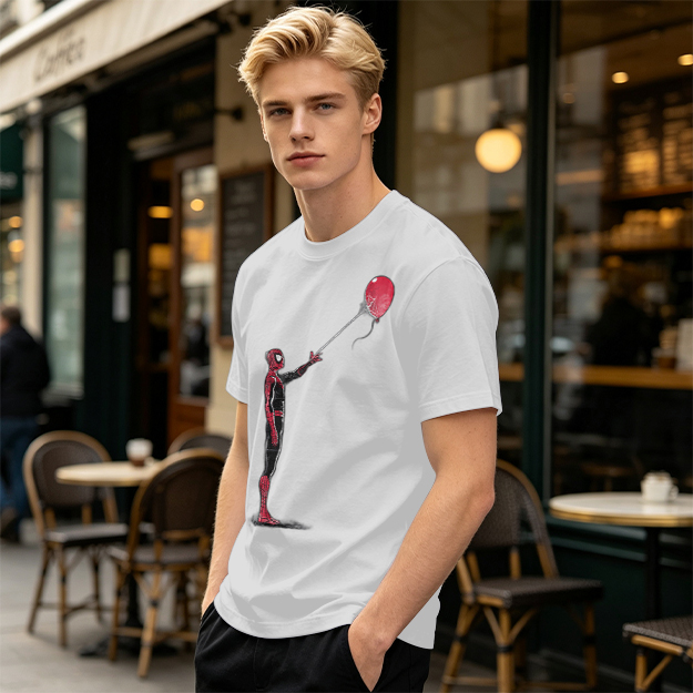 Olive T-shirt with Spider-Man Holding Red Balloon Graphic