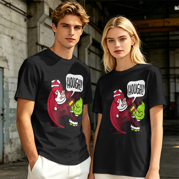 Olive Christmas T-Shirt With Grinch Lifting Santa Claus Print