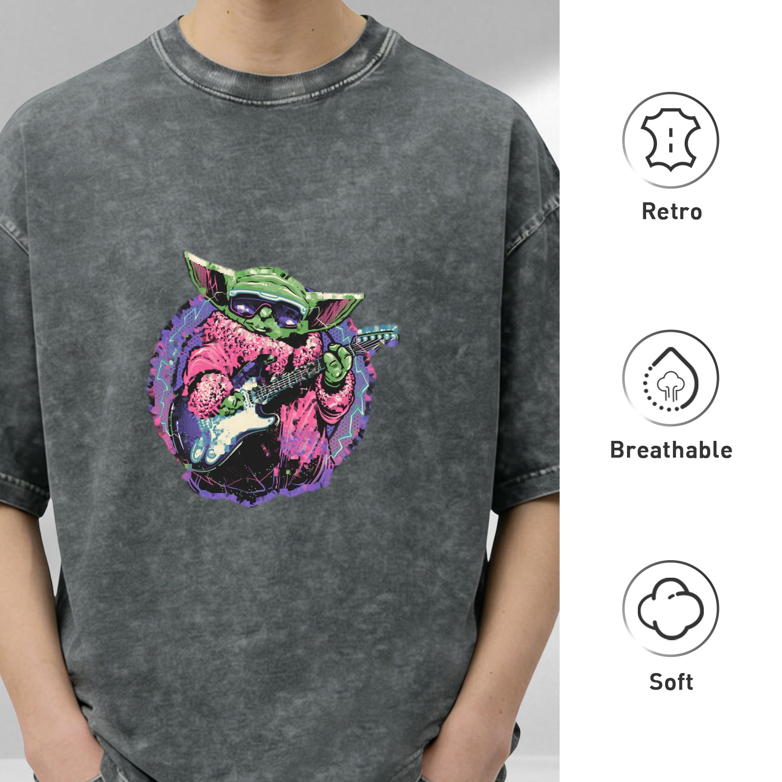 Oversized Acid Wash T-Shirt With Cool Grogu Playing Electric Guitar