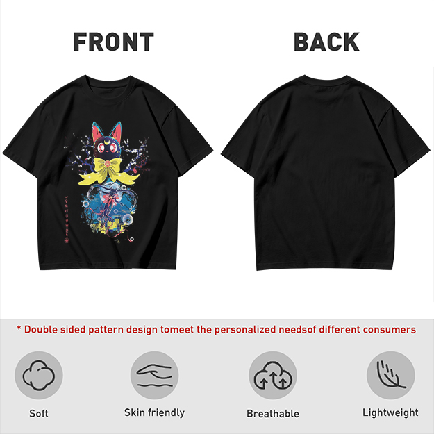 Olive T-Shirt with Black Cat Anime Art Print