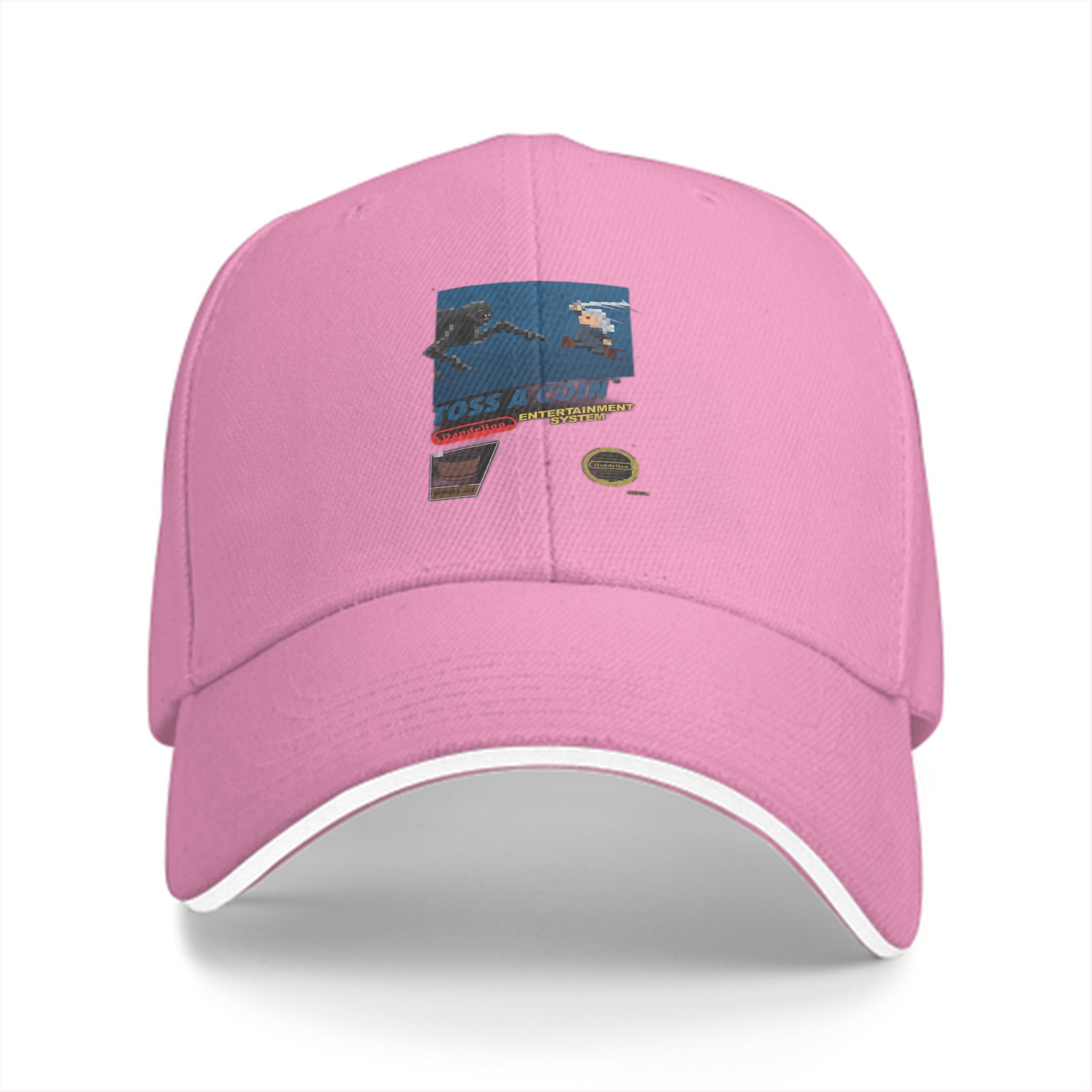 Black baseball cap with retro gaming themed graphic print