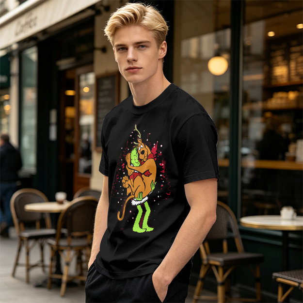 Olive Christmas T-Shirt Featuring Scooby-Doo Hugging The Grinch