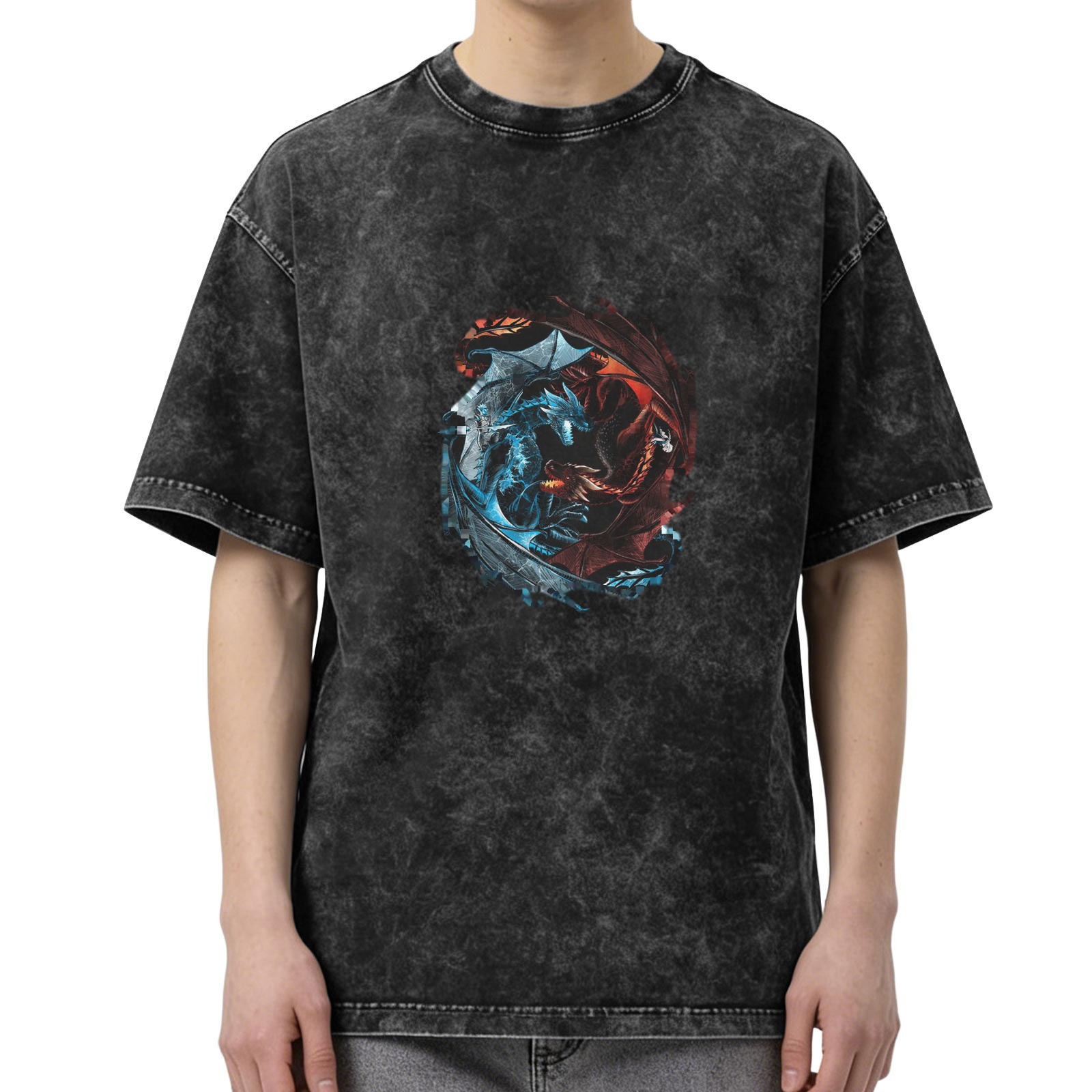 Oversized Acid Wash T-Shirt With Ice and Fire Dragon Graphic