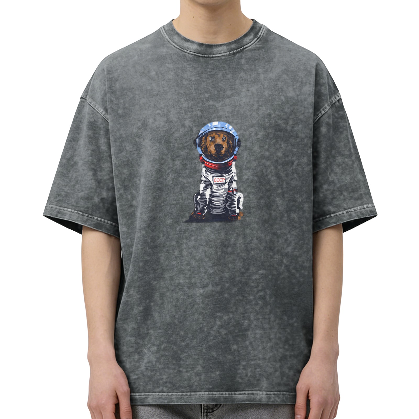Washed Black T-Shirt with CCCP Space Dog Astronaut Graphic