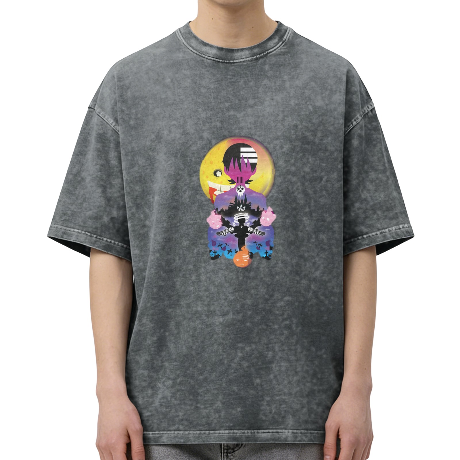 Oversized Acid Wash T-Shirt with Anime Graphic Print