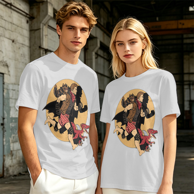 Olive T-Shirt With Fantasy Running Character And Creatures Print
