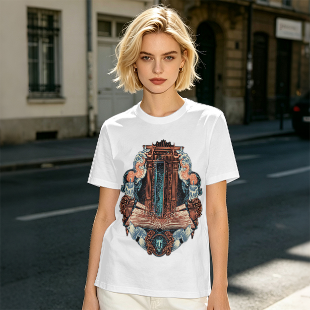 Olive T-Shirt With Ornate Architectural Book Print