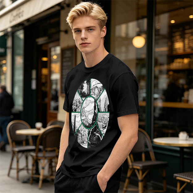 Olive Green T-Shirt With Circular Fantasy Landscape Art Print