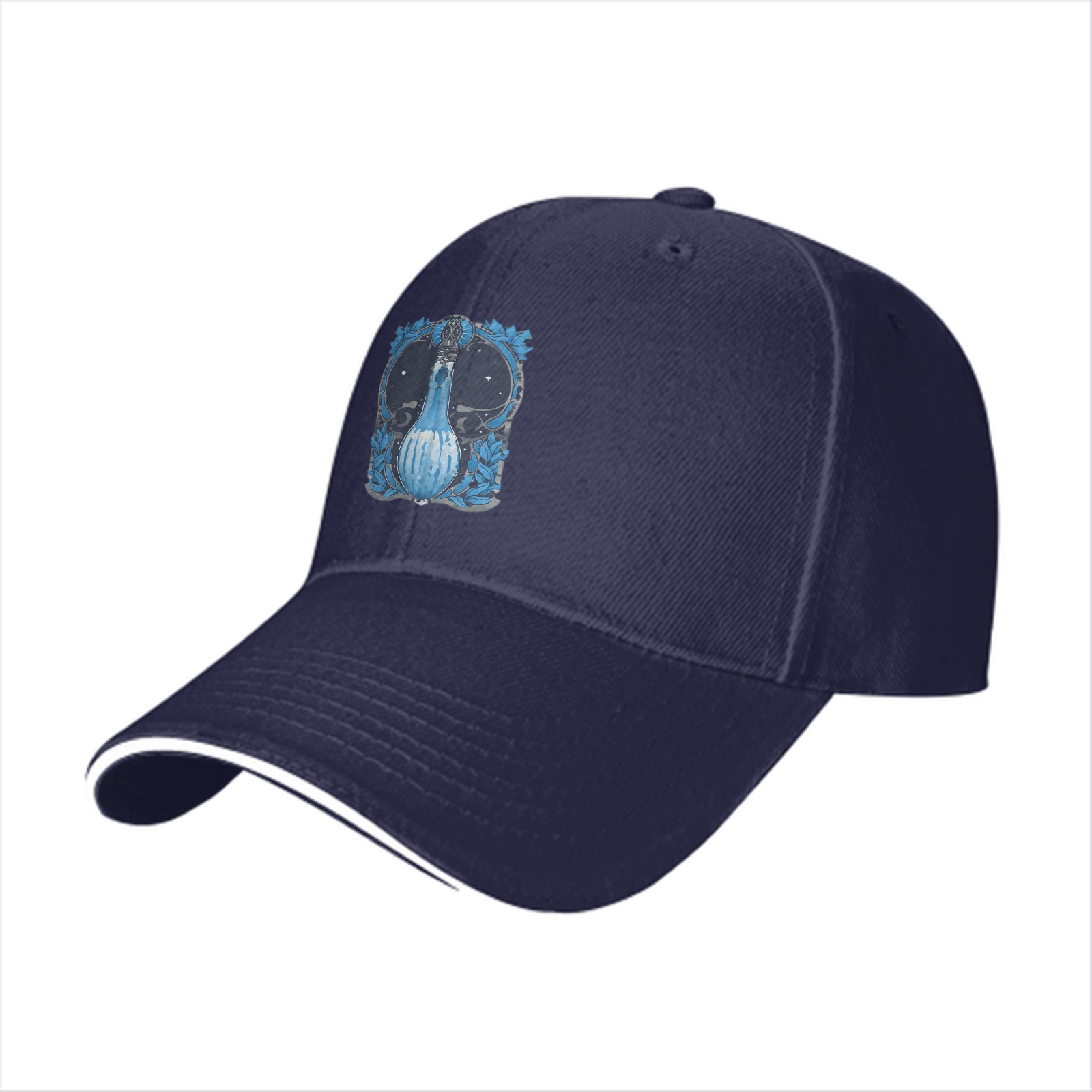 Black Baseball Cap With Blue Celestial Bottle Crest Print
