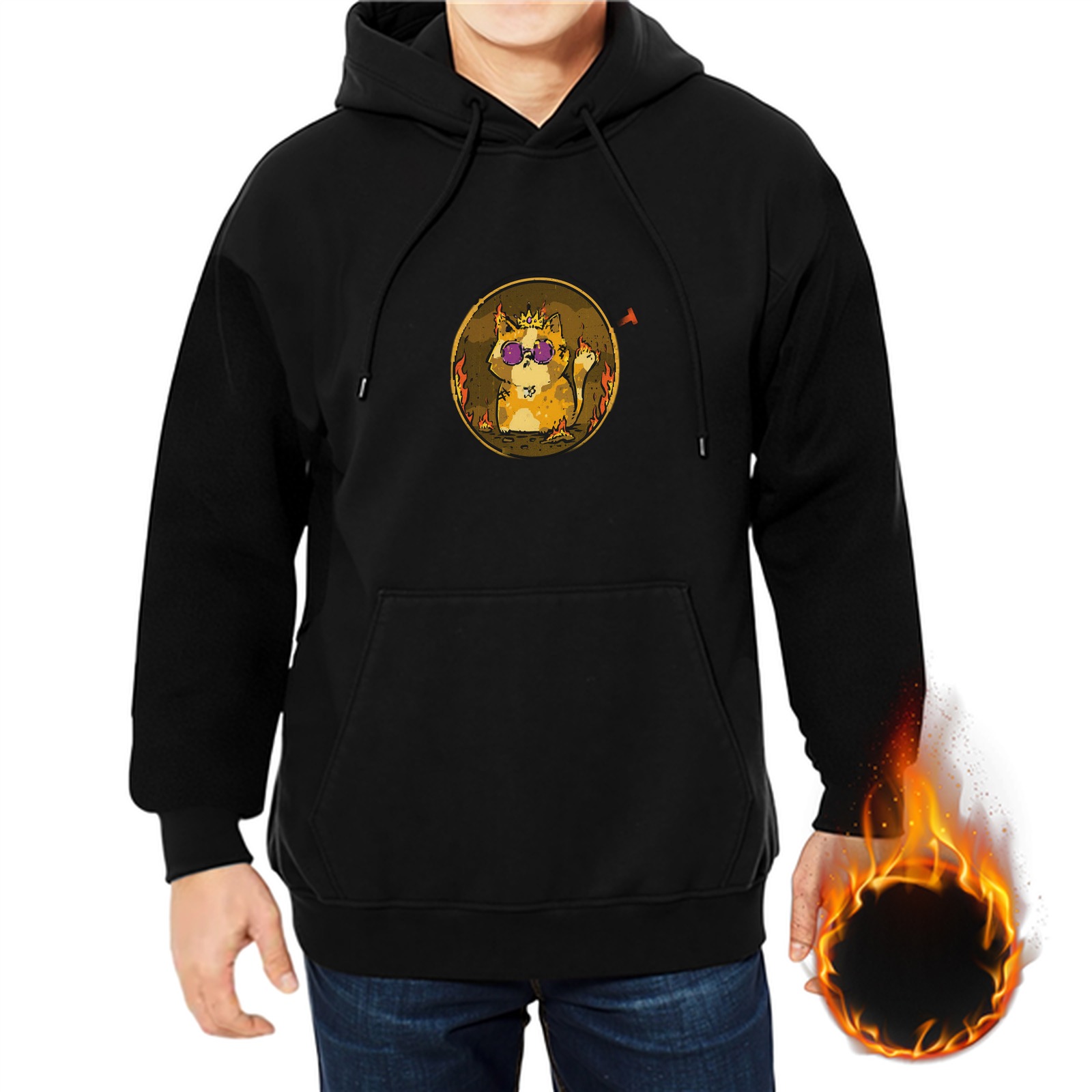 Black Hoodie With Cool Crowned Cat In Sunglasses Graphic