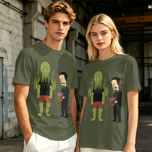 Olive T-Shirt Featuring Cthulhu and Beavis in Suits Graphic